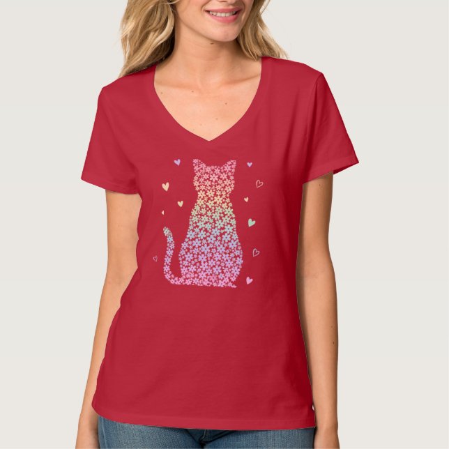 Camiseta gatinho fofo corações arco-íris padrão gradiente p (Frente)