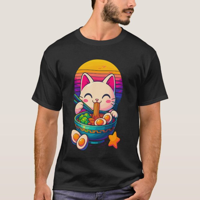 Camiseta Gatinho Fofo de Anime Comendo Lámen (Frente)