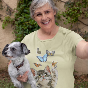 Camiseta Gatinho Fofo de Gato Brincando com Borboletas