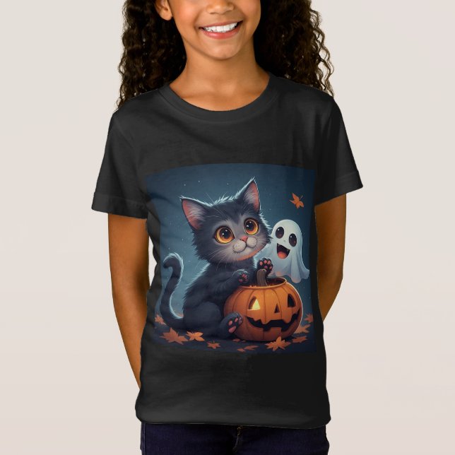 Camiseta Gatinho Fofo de Halloween com Fantasma e Abóbora � (Frente)