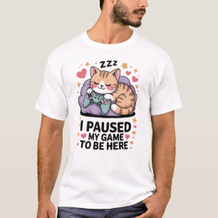 Camiseta Gatinho Gamer Adorável Dormindo Pausei Meu Jogo Pa