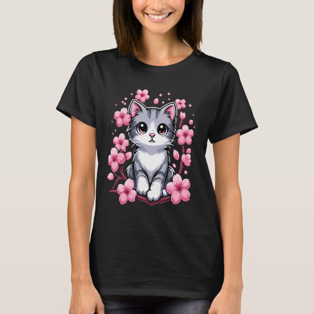 Camiseta Gatinho Gato de Flor de Cereja Bonito (Frente)