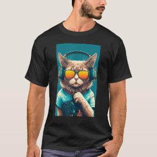 Camiseta Gatinho Gato DJ Vintage 80s com óculos de sol e ca