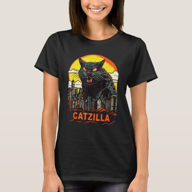 Camiseta Gatinho Gato Gato Catzilla Em Uma Cidade Catzilla (Frente)