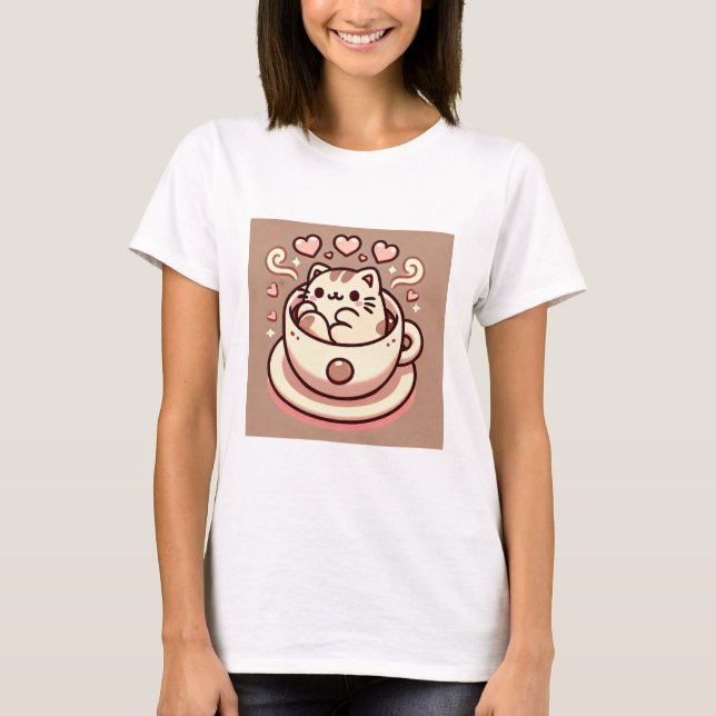 Camiseta Gatinho Gato Inteiro e Café-Cute Kawaii em Teacup (Frente)
