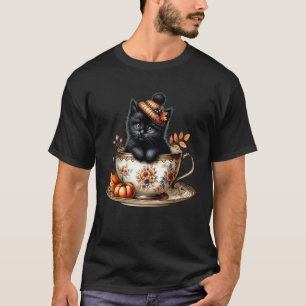 Camiseta Gatinho Gato Preto em Caneca de Café Floral Cute O