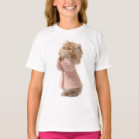 Gatinho Gengibre Rezando de Cardigan Rosa Crianças