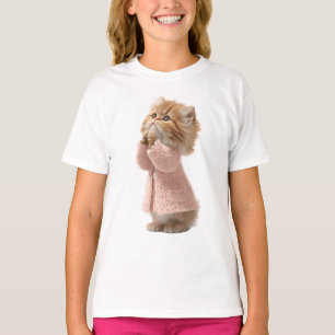 Camiseta Gatinho Gengibre Rezando de Cardigan Rosa Crianças