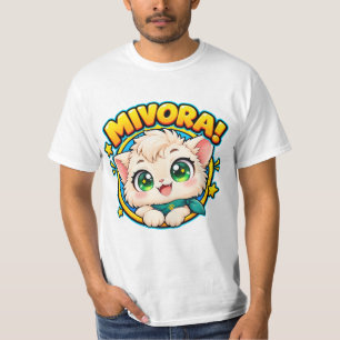 Camiseta Gatinho Kawaii com Lenço Azul e Olhos Esmeralda Co