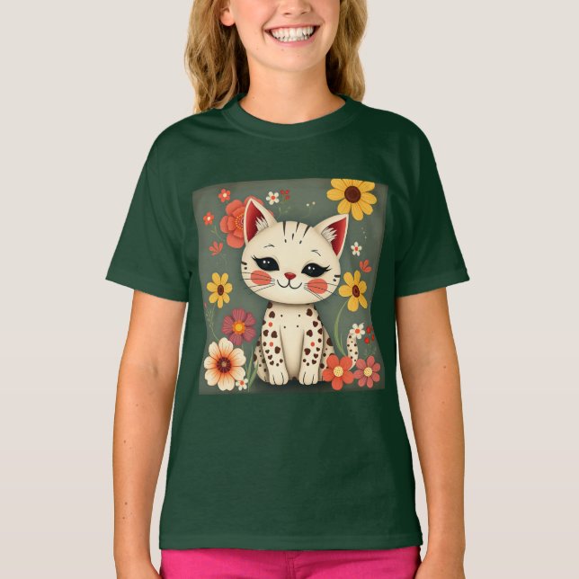 Camiseta Gatinho Malhado Feliz com Flores (Frente)