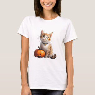 Camiseta Gatinho Malhado Fofo Com Tema de Abóbora de Outono