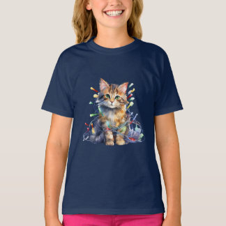Camiseta Gatinho nas luzes de natal