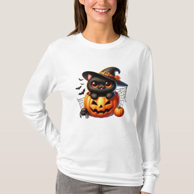 Camiseta Gatinho Negro em Pumpkin de Halloween (Frente)