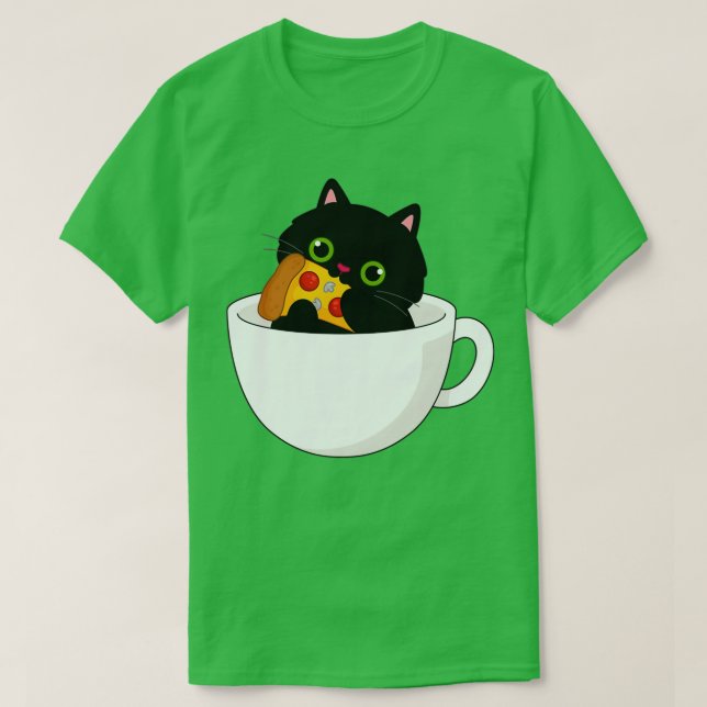 Camiseta Gatinho Negro No Nom Da Taça De Chá Na Pizza (Frente do Design)