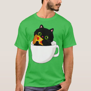 Camiseta Gatinho Negro No Nom Da Taça De Chá Na Pizza