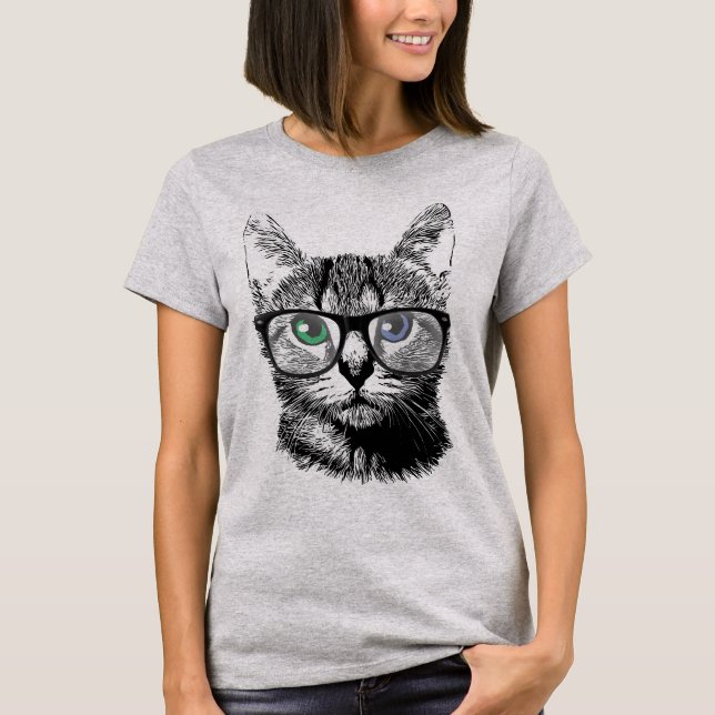 Camiseta Gatinho Nerdy do hipster do gato nos vidros (Frente)