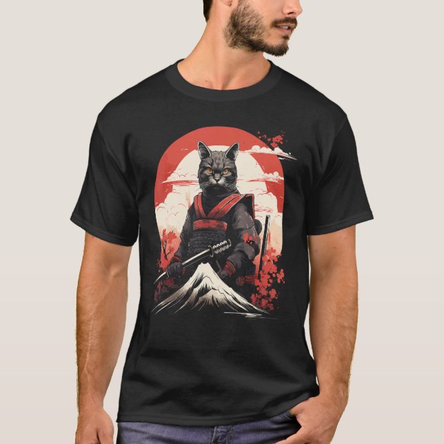 Camiseta Gatinho Ninja Cat Samurai, antigo guerreiro japonê (Frente)