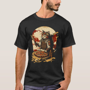 Camiseta Gatinho Ninja Comendo Pizza Samurai Pôr do Sol Jap
