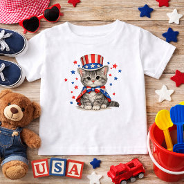 Camiseta Gatinho Patriótico Vermelho Branco Azul