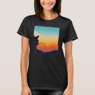 Camiseta Gatinho Preto Assistindo ao Colorido Pôr do Sol Ga