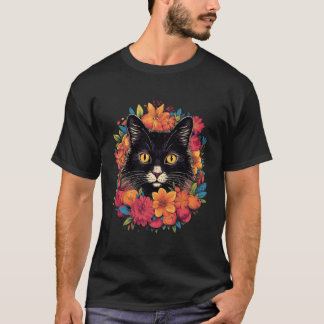 Camiseta Gatinho Preto Cercado por Flores no Jardim do Dono