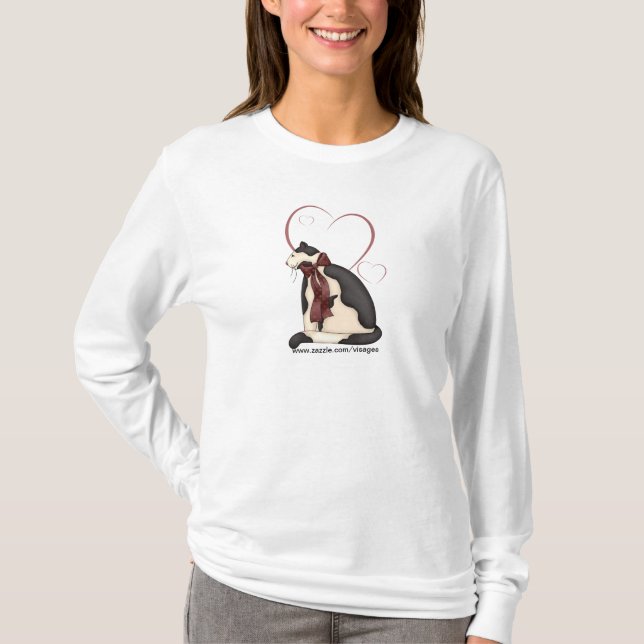 Camiseta Gatinho Preto e Branco com Corações (Frente)