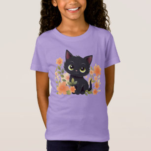 Camiseta Gatinho Preto Fofo e Flores