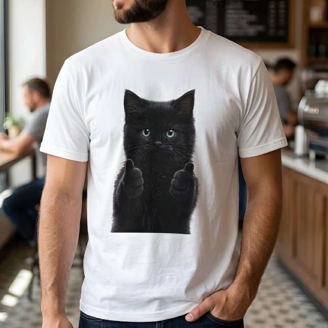 Camiseta Gatinho Preto Fofo Polegar Para Cima Branco (Criador carregado)