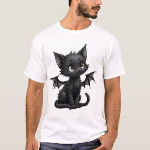 Camiseta Gatinho Preto Mal-Humorado de Halloween com Fantas