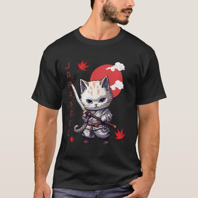 Camiseta Gatinho Samurai japonês Kawaii Red Sun Ninja Mães  (Frente)