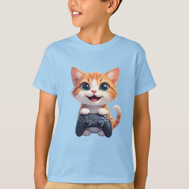 Camiseta Gatinho Segurando Controle de Jogo Sorriso Gamer G (Frente)