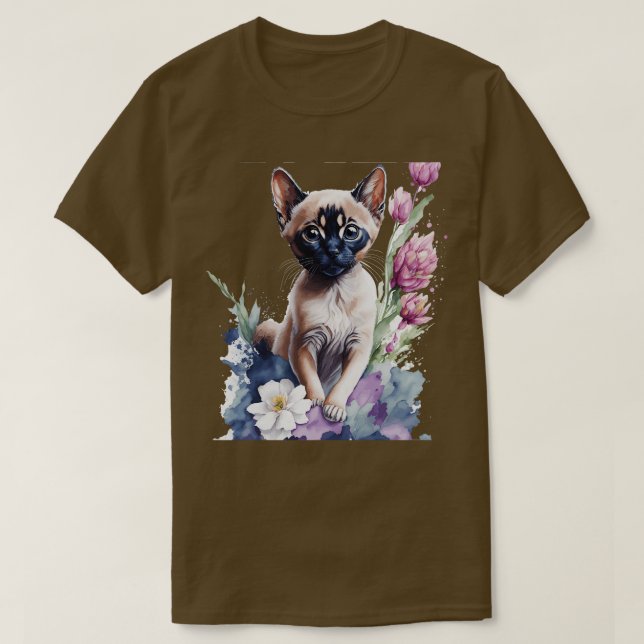 Camiseta gatinho tonquês bonitinho em frente a flores vibra (Frente do Design)