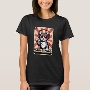 Camiseta Gatinho Vermelho Branco DJ nos Discos Giratórios E
