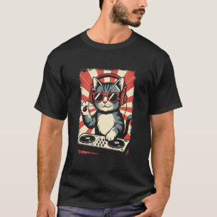 Camiseta Gatinho Vermelho Branco DJ nos Discos Giratórios E