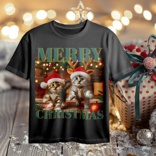 Camiseta Gatinhos bonitos com Papai Noel e chapéus de rena