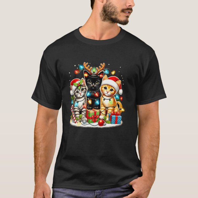 Camiseta Gatinhos bonitos de Natal Gatos Cheios Chapéus de  (Frente)