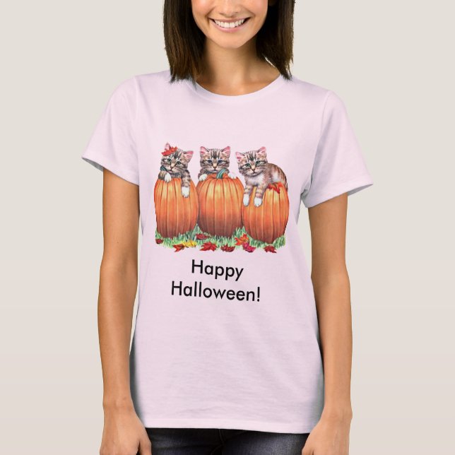 Camiseta Gatinhos em Pumpkins para o Dia das Bruxas (Frente)