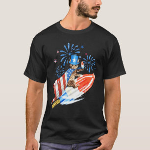 Camiseta Gato 4 De Julho Foguete Com Fogos De Artifício Usa