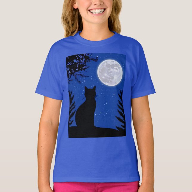 Camiseta Gato a olhar para a lua cheia (Frente)