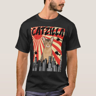 Camiseta Gato Abissínio Catzilla Japonês Retrô Engraçado