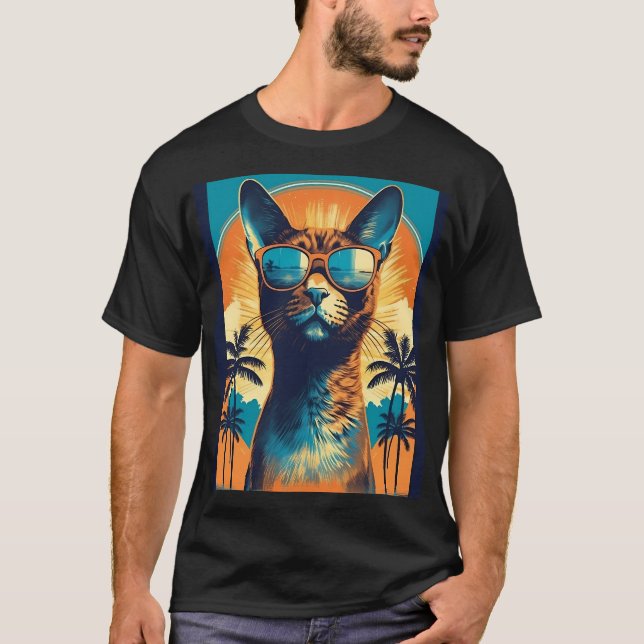 Camiseta Gato Abissino com óculos de sol numa praia tropica (Frente)