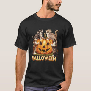 Camiseta Gato Abóbora Dia das Bruxas Floral Assustador Temp