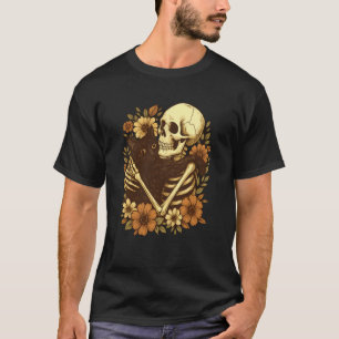 Camiseta Gato Abraçando Esqueleto Floral Halloween Gato Pre