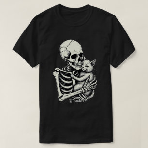 Camiseta Gato Abraçando Esqueleto Funny Halloween Amante de