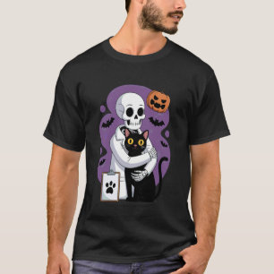 Camiseta Gato Abraçando Esqueleto Funny Vet Amante de Gatos