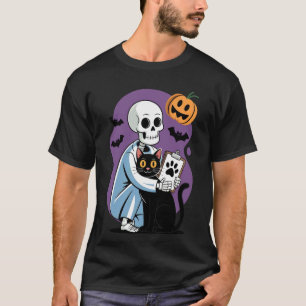 Camiseta Gato Abraçando Esqueleto Funny Vet Gato Amante Hal