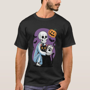 Camiseta Gato Abraçando Esqueleto Funny Vet Gato Amante Hal