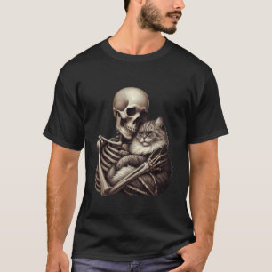 Camiseta Gato Abraçando Esqueleto Halloween Sinistro Fofo