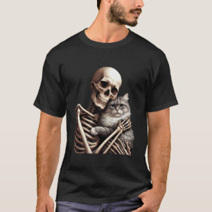 Camiseta Gato Abraçando Esqueleto Halloween Sinistro Fofo