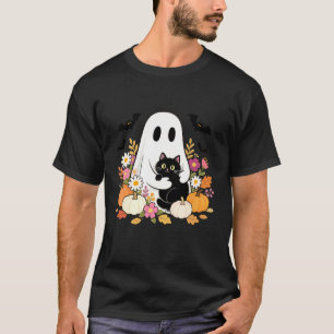 Camiseta Gato Abraçando Fantasma de Halloween Temporada Ass